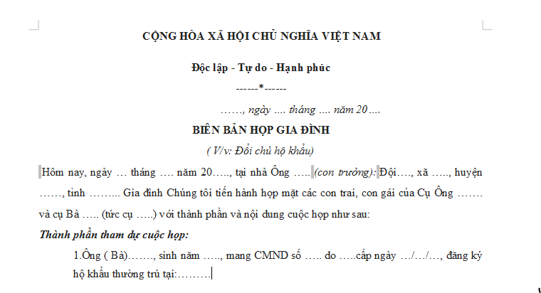 Có thể tham khảo Mẫu biên bản họp gia đình đổi chủ hộ khẩu 2026 dưới đây: