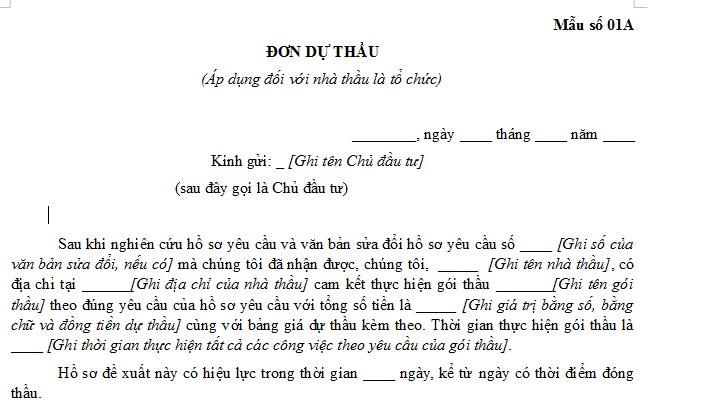 *Mẫu Đơn dự thầu gói thầu mua sắm hàng hóa áp dụng đối với nhà thầu là tổ chức (Mẫu số 01A)