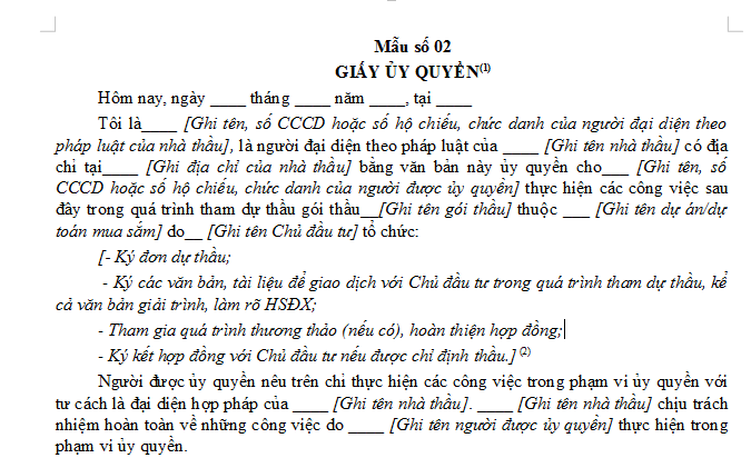 Mẫu Giấy ủy quyền ký đơn dự thầu gói thầu mua sắm hàng hóa của đại diện theo pháp luật của nhà thầu ủy quyền cho cấp dưới có dạng như sau: