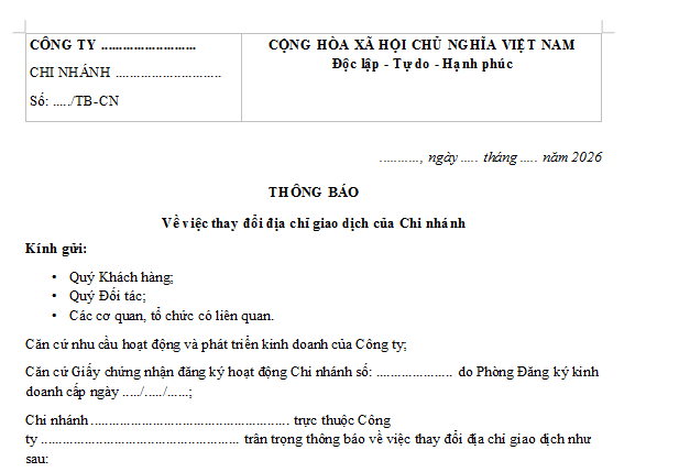 Mẫu Thông báo thay đổi địa chỉ giao dịch của Chi nhánh công ty mới nhất 2026