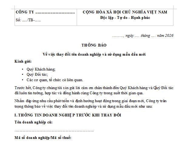 Mẫu Thông báo thay đổi tên và mẫu dấu doanh nghiệp 2026 gửi quý khách hàng, đối tác mới nhất? Tải mẫu? 