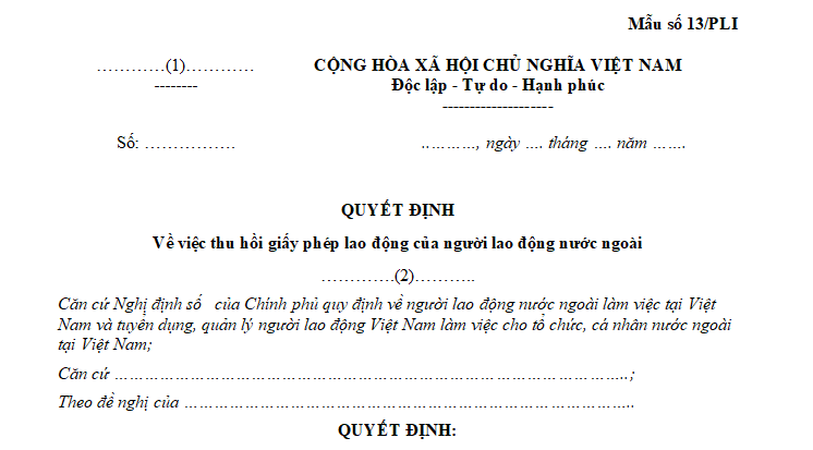 Mẫu quyết định thu hồi giấy phép lao động của người lao động nước ngoài mới nhất hiện nay