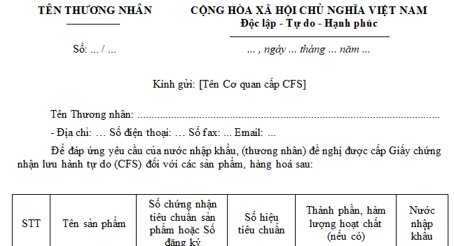 Đơn đề nghị cấp giấy chứng nhận lưu hành tự do CFS