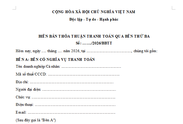 Mẫu Biên bản thỏa thuận thanh toán qua bên thứ ba 2026