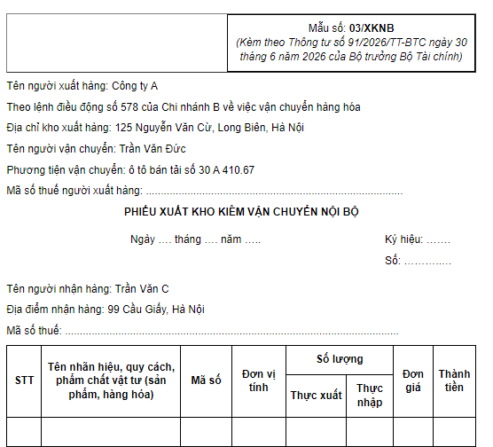 Mẫu 03/XKNB Phiếu xuất kho kiêm vận chuyển nội bộ áp dụng từ 01/7/2026