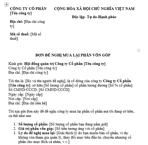 Mẫu đơn đề nghị mua lại phần vốn góp trong công ty cổ phần
