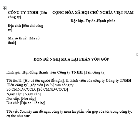  Mẫu đơn đề nghị mua lại phần vốn góp trong công ty TNHH và công ty cổ phần