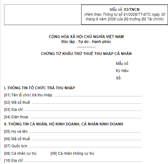 Mẫu Chứng từ khấu trừ thuế thu nhập cá nhân theo Nghị định 91 áp dụng từ 01/7/2026