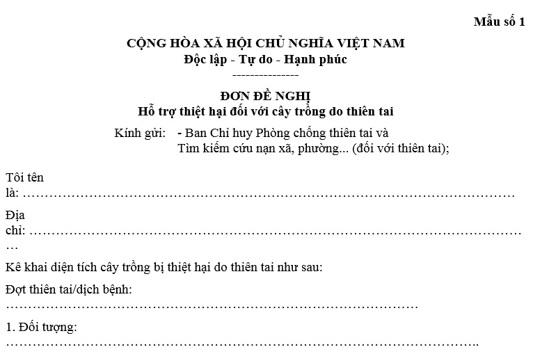 Mẫu đơn đề nghị hỗ trợ diện tích lúa, rau màu bị thiệt hại do bão Yagi 2024