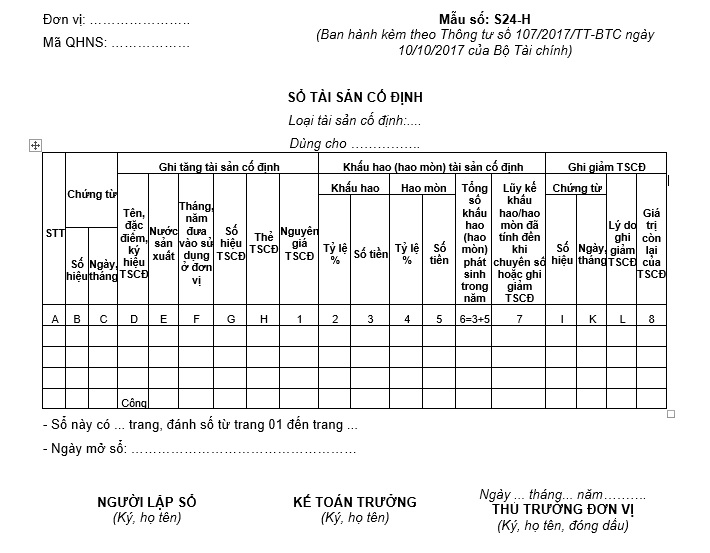 Mẫu sổ tài sản cố định trong đơn vị hành chính sự nghiệp theo Thông tư 107 của Bộ Tài chính 