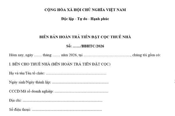 Mẫu Biên bản hoàn trả tiền đặt cọc thuê nhà mới nhất 2026? Tải mẫu Biên bản hoàn trả tiền đặt cọc thuê nhà file word?