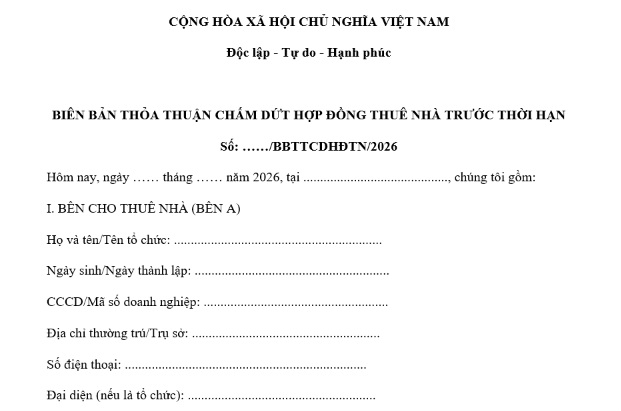 Mẫu Biên bản thỏa thuận chấm dứt hợp đồng thuê nhà trước thời hạn 2026