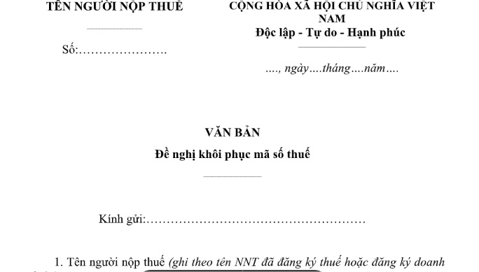 Mẫu đề nghị khôi phục mã số thuế mới nhất 2026