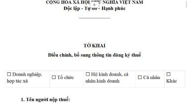 Mẫu Tờ khai điều chỉnh bổ sung thông tin đăng ký thuế mới nhất 2026 của hộ kinh doanh