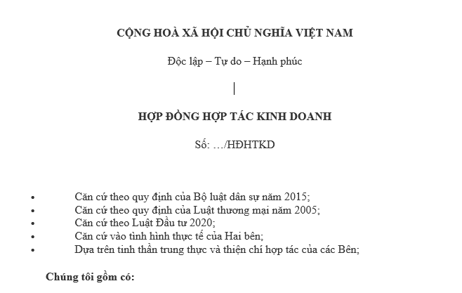 Mẫu Hợp đồng hợp tác kinh doanh (BCC) quán cà phê