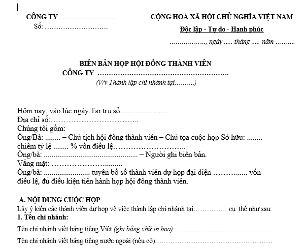 Mẫu biên bản họp thành lập chi nhánh của Hội đồng thành viên công ty TNHH 2 thành viên trở lên