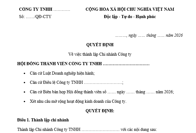 Mẫu Quyết định thành lập chi nhánh của công ty trách nhiệm hữu hạn hai thành viên trở lên mới nhất 2026? Tải mẫu?