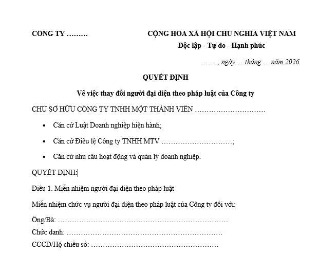 : Mẫu quyết định về việc thay đổi người đại diện theo pháp luật công ty TNHH 1 thành viên