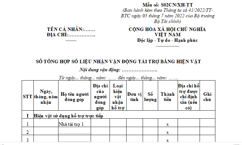 Mẫu Sổ tổng hợp số liệu nhận vận động tài trợ ủng hộ đồng bào bị ảnh hưởng bởi cơn bão số 3 bằng hiện vật dành cho cá nhân