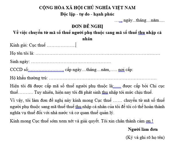 Mẫu đơn đề nghị chuyển từ mã số thuế cá nhân người phụ thuộc sang mã số thuế người nộp thuế