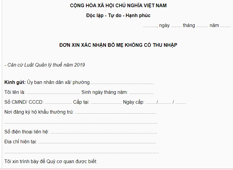 Mẫu đơn xin xác nhận bố mẹ không có thu nhập để giảm trừ gia cảnh