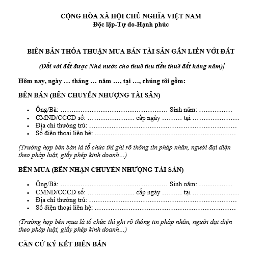 Mẫu biên bản thỏa thuận mua bán tài sản gắn liền với đất trên đất được Nhà nước cho thuê thu tiền hằng năm