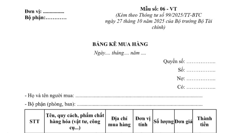 Mẫu bảng kê mua hàng của người bán thuộc diện không phải lập hóa đơn mới nhất 2026 dành cho doanh nghiệp