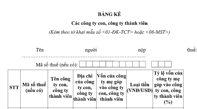 Mẫu Bảng kê các công ty con công ty thành viên mới nhất 2026 kèm tờ khai đăng ký thuế? Tải mẫu Bảng kê file word?
