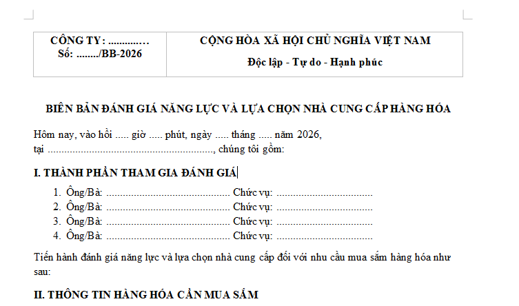 Mẫu Biên bản đánh giá năng lực và lựa chọn nhà cung cấp hàng hóa 2026