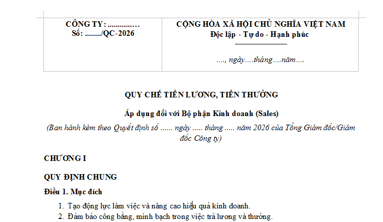 Mẫu Quy chế tiền lương tiền thưởng cho bộ phận Sales mới nhất 2026