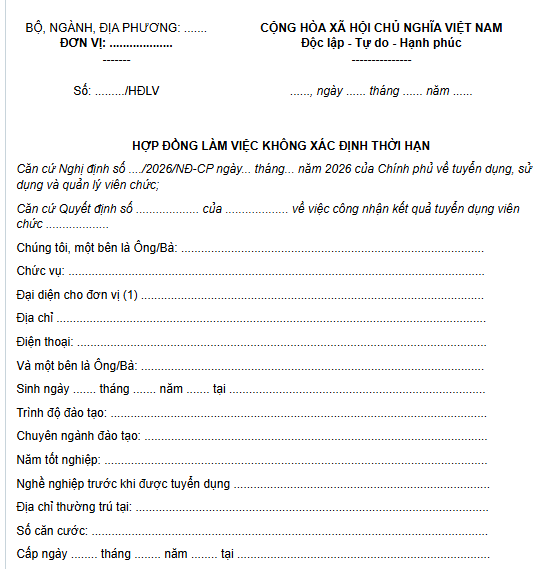 Mẫu số 04 Hợp đồng làm việc không xác định thời hạn đối với viên chức từ 01/7/2026