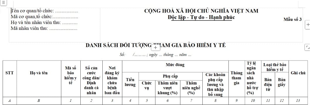 Mẫu Danh sách đối tượng tham gia bảo hiểm y tế (Mẫu số 3) theo Quyết định 366/QĐ-BHXH năm 2026 có dạng như sau: