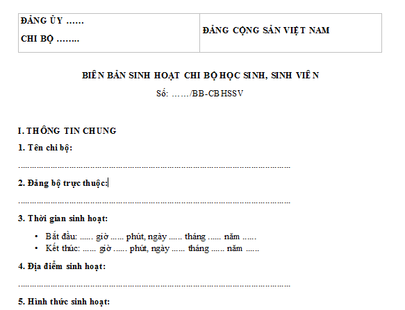 Mẫu Biên bản sinh hoạt chi bộ học sinh sinh viên mới nhất 2026
