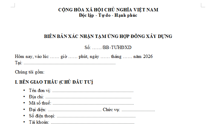 Mẫu Biên bản xác nhận tạm ứng hợp đồng xây dựng mới nhất 2026