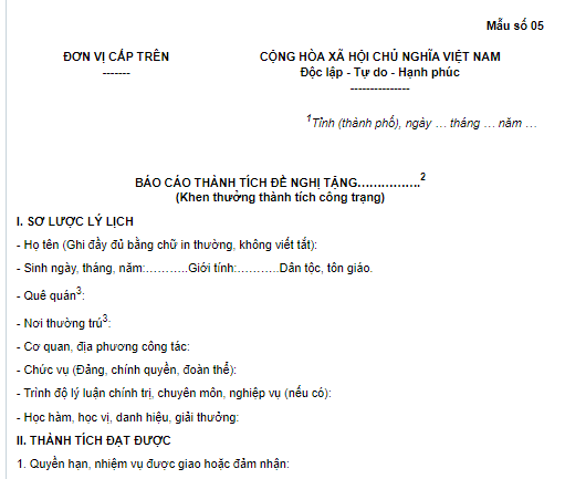 Mẫu báo cáo thành tích đề nghị khen thưởng công trạng cho cá nhân