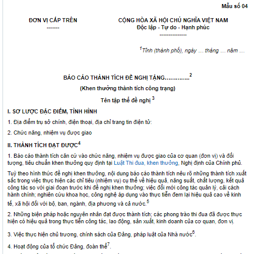 Mẫu Báo cáo thành tích đề nghị khen thưởng công trạng cho tập thể theo Nghị định 152