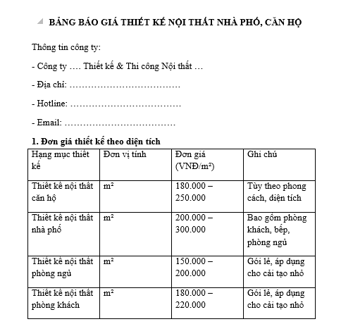 Mẫu bảng báo giá thiết kế nội thất nhà phố, căn hộ mới nhất? Bảng báo giá thiết kế nội thất nhà phố, căn hộ là gì?