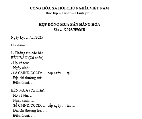 Mẫu hợp đồng mua bán hàng hóa cá nhân