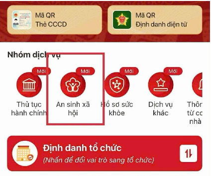 Bước 1: Đăng nhập VNeID, Chọn “An sinh xã hội”, Chọn “Tài khoản hưởng An sinh xã hội”