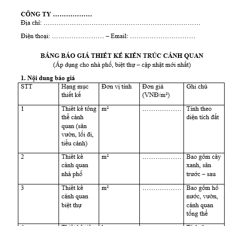 Mẫu bảng báo giá thiết kế kiến trúc cảnh quan nhà phố, biệt thự