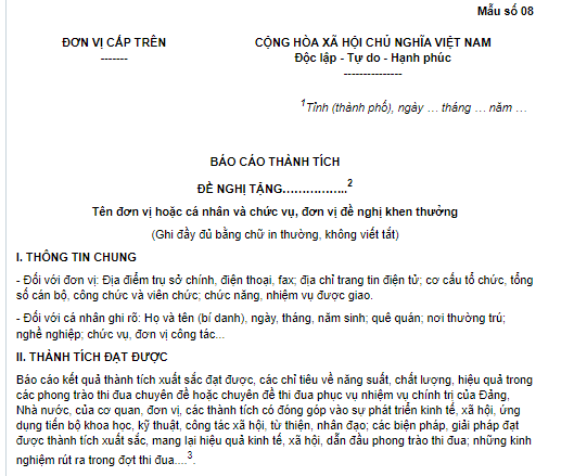 Mẫu Báo cáo thành tích đề nghị khen thưởng thi đua theo chuyên đề
