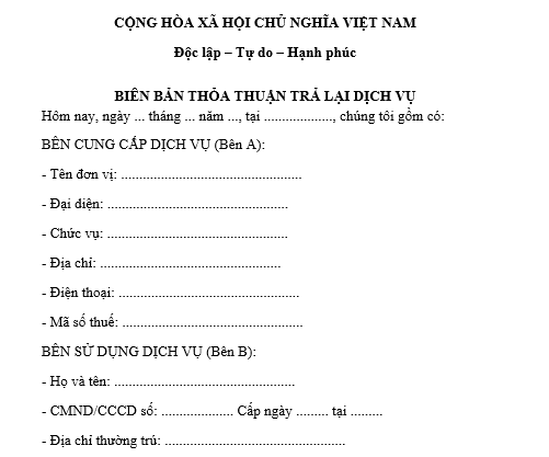 Mẫu biên bản thỏa thuận trả lại dịch vụ đối với người mua là cá nhân