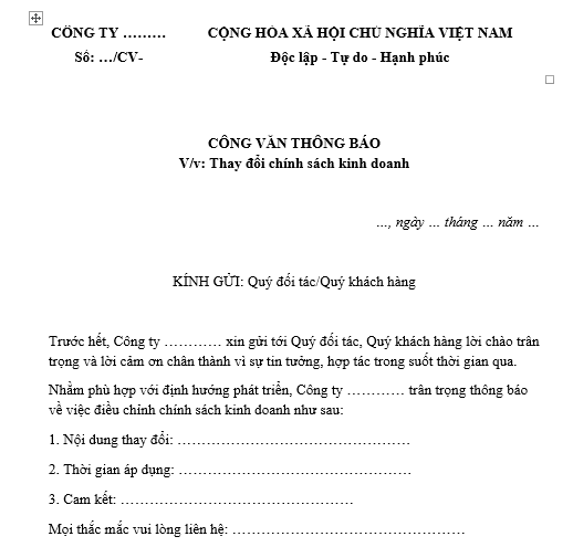 Mẫu công văn thông báo về thay đổi trong chính sách kinh doanh gửi đối tác, khách hàng chuyên nghiệp nhất? Tải về?