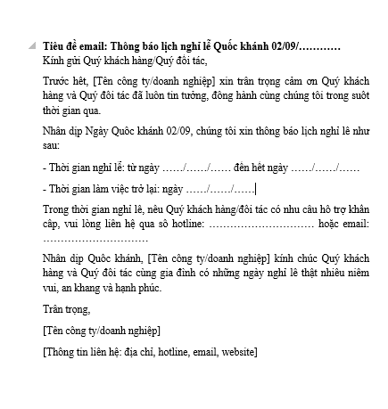 Mẫu email thông báo lịch nghỉ lễ Quốc khánh 2/9 kèm lời chúc đến Quý khách hàng, đối tác? Tải mẫu?