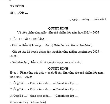 Mẫu Quyết định phân công giáo viên chủ nhiệm lớp năm học 2025-2026