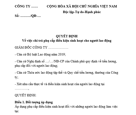  Mẫu quyết định phụ cấp điều kiện sinh hoạt dành cho người lao động
