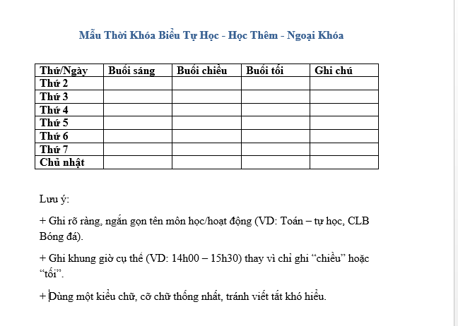 Mẫu thời khóa biểu cho thời gian tự học, học thêm và ngoại khóa cho học sinh các cấp