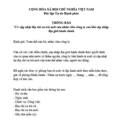 Mẫu thông báo cập nhật địa chỉ cư trú mới của nhân viên công ty sau sáp nhập địa giới hành chính