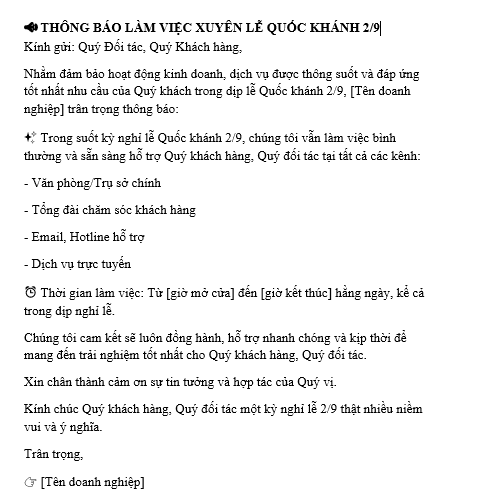 Mẫu thông báo làm việc xuyên lễ 2 tháng 9 gửi đối tác, khách hàng của doanh nghiệp? Đi làm thêm lễ 2/9 nhận lương có đóng thuế TNCN không?