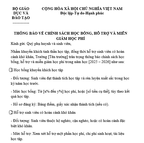 Mẫu thông báo về chính sách học bổng, hỗ trợ và miễn giảm học phí cho sinh viên